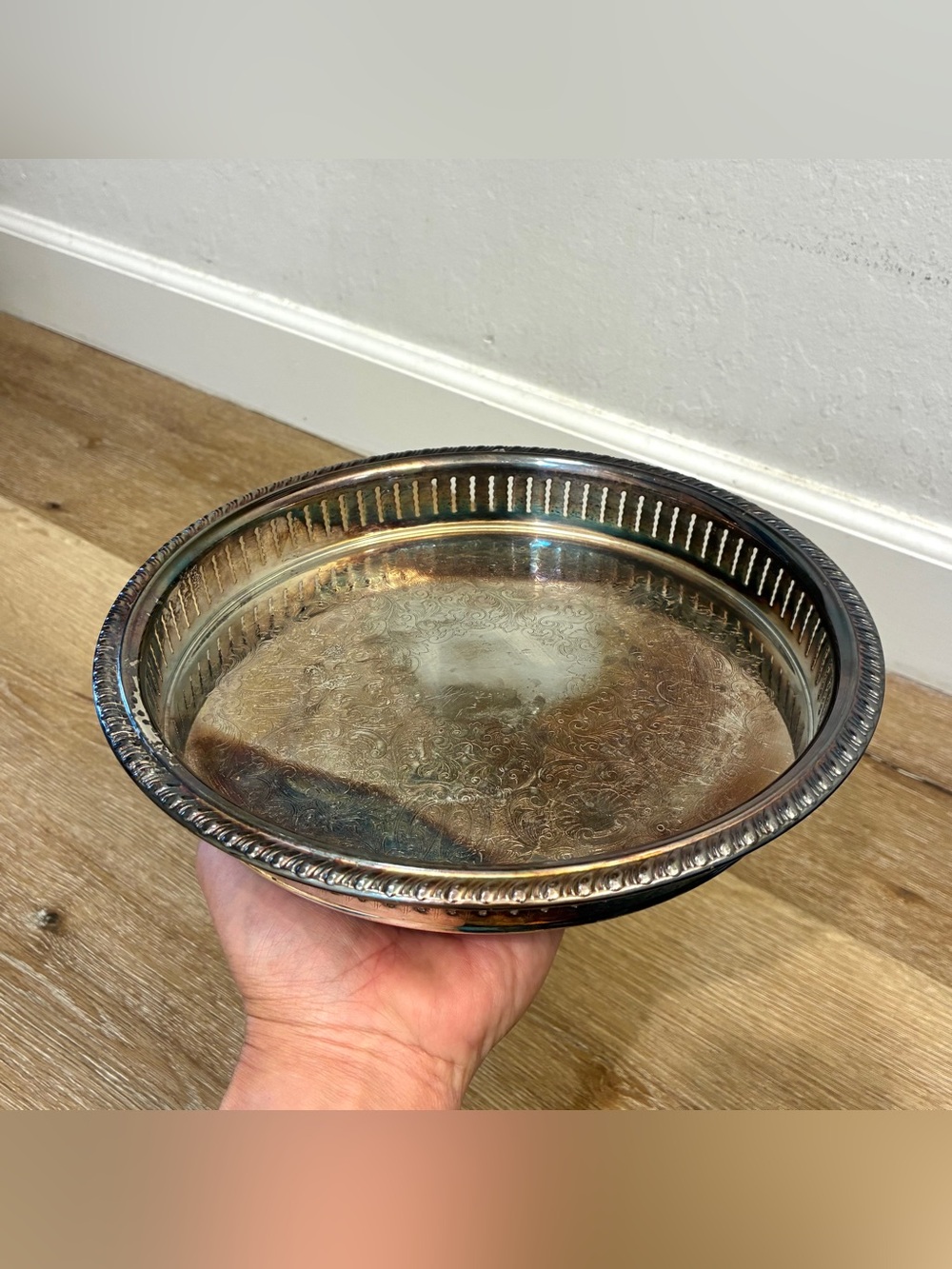 Vintage Sheridan Silver Plated Round Serving Tray Engraved Floral Pierced 10”